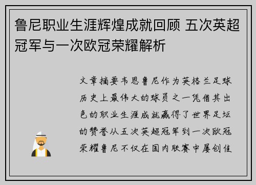 鲁尼职业生涯辉煌成就回顾 五次英超冠军与一次欧冠荣耀解析